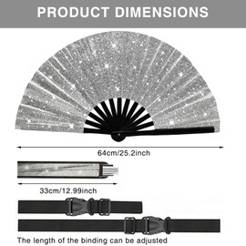 QIYUDA 13inchs Glitter Line Dancing Fan Large Folding Popping Fan, Big Foldable Boots on The Ground Hand Handheld Line Dance Clap Fans (1Pcs Silver)