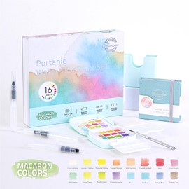 Watercolor Paint, Mini Travel 16-Color Solid Watercolor Kit with Tear-Off Pad, 3 Water Brush Pens & Mini Metal Brush, Portable Art Set, Macaron Colors for Adult Beginners, Journaling, and Sketching