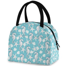 ZzWwR Ocean Starfish Seahorse Pattern Reusable Lunch Tote Bag with Front Pocket Zipper Closure Insulated Thermal Cooler Container Bag for Work Picnic Travel Beach Fishing