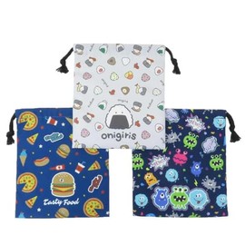 KoohaCreate Drawstring Bag Set S x 3 pieces Onigiri Food Monster Navy Gray 【132694】 For School, Training, and Hobbies