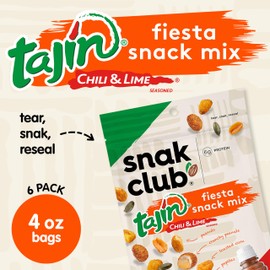 Snak Club Tajin Fiesta Snack Mix, Peanuts, Crunchy Peanuts, Toasted Corn, and Pepitas with Chili and Lime Seasoning, Mild, No Artificial Colors or Flavors, 4 oz Resealable Bags, 6 Pack