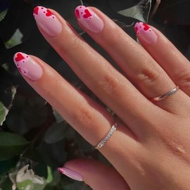 Valentines Press on Nails Short Oval SWEKKE French Tip Fake Nails False Nails with Designs Red Heart Full Cover Glossy Glue on Nails Valentine's Day Acrylic Nails for Women Girls 24 Pcs