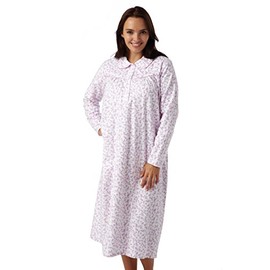 Ladies Brushed Cotton Winceyette Nightdress. White Background With Pink or Blue Floral Design. Sizes 8-10 12-14 16-18 20-22 24-26 (16-18, PINK)