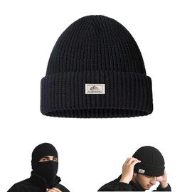 Onperpoe Knit Beanie, Winter Cuffed Black Beanie, Mens Hats, 2 in 1 Mens Beanie Hat and Knitted Balaclava, Fisherman Beanie, Stretchy Soft Warm Black Hat for Running Skiing Black