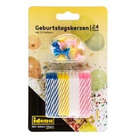 Idena 408210 - Geburtstagskerzen Set mit Haltern, 24 Kerzen und 12 Halter, Kuchenkerzen, Tortenkerzen, Happy Birthday, Geburtstag, Party