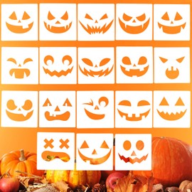 18 Pieces Halloween Stencils 5.3 x 5.3 Inch, Assorted Pumpkin Stencils for Carving Halloween Pumpkin Smiley Face Drawing Templates Stencils for Painting on Wood Wall