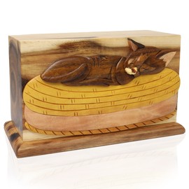 Royal Matter Wooden Cremation Pet Urn Box with Sleeping Cat Design - Oak, Black Walnut and Beech Keepsake Urns in Loving Memory of Pets - Hand Carved Memorial for Pet Ashes - 30 Cubic Inches