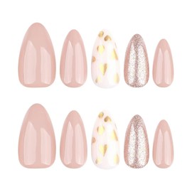 Press on Nails Medium Almond Gold Heart Fake Nails with Design Golden Glitter Glue on Nails Heart False Nails Stick on Nails Reusable Acrylic Nails for Women Girls Manicure 24Pcs