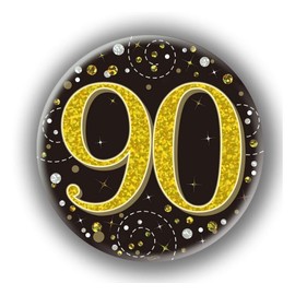 Age 90 Birthday Badge Black And Gold Holographic Recyclable 90th Birthday Party Badge OTBG