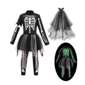 yolsun Girl Glow In The Dark Skeleton Costume,Girl's Skeleton Dress(Black,6-8Years)