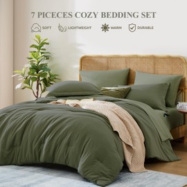 WRENSONGE Olive Green Full Size Comforter, 7 Pieces Soft Dark Green Full Size Comforter Sets- Full Comforter Fitted Sheet, Flat Sheet, 2 Pillow Shams, 2 Pillowcases, Warm Bedding Sets Full All Season