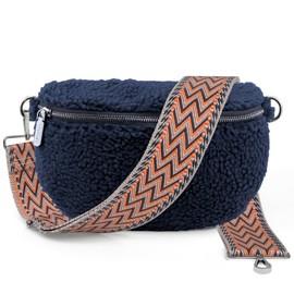 ARTVALL - Shoulder Bag Teddy Fabric Bag Handbag Plush Bag Bum Bag Teddy Fur Plush with Shoulder Strap Design Bag Strap Removable Adjustable Strap Crossbody Bag Women with Zip, Navy (Zig Zag Orange)