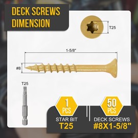 DTGN #8x1-5/8 Deck Screws - 50Pack - Good for Decks, Fences, Frames, Farms, Outdoor Furniture - Carbon Steel Wood Screws Epoxy Coated W/ T25 Torx Star Drive Bit - Tan
