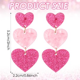 1 Pair Pink Heart Earrings for Women Dangling Valentine's Day Earrings Glitter Acrylic Hot Pink Heart Earring Cute Love Dangling for Women Gift