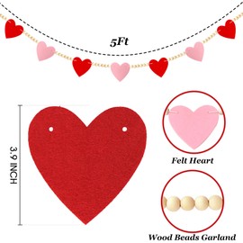 Valentines Day Decor, Red Pink Felt Heart Wood Beads Garland for Valentines Decorations, Valentines Day Felt Banner Decorations for Home Mantel Wedding Anniversary Party Supplies