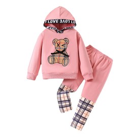 Ayzozuy Toddler Kid Girl Clothes Bear Print Drop Shoulder Hoodie Put Together Plaid Pants 2PC Outfit Set(6-7T)