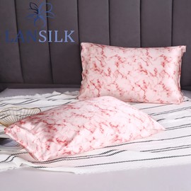 LanSilk Silk Pillowcase Eye Mask: 100% Natural Silk Travel Gift Set for Hair Skin Soft Hypoallergenic Breathable Mulberry 22 Momme 6A Organic OEKO TEX Envelope 50x75cm 600 Thread Count (Pink Marble)