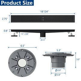 Neodrain 24-Inch Matte Black Linear Shower Drain,Stainless Steel Linear Drain with Quadrato Pattern Grate,Rectangle Shower Floor Drain with Hair Strainer, Shower Drain Base