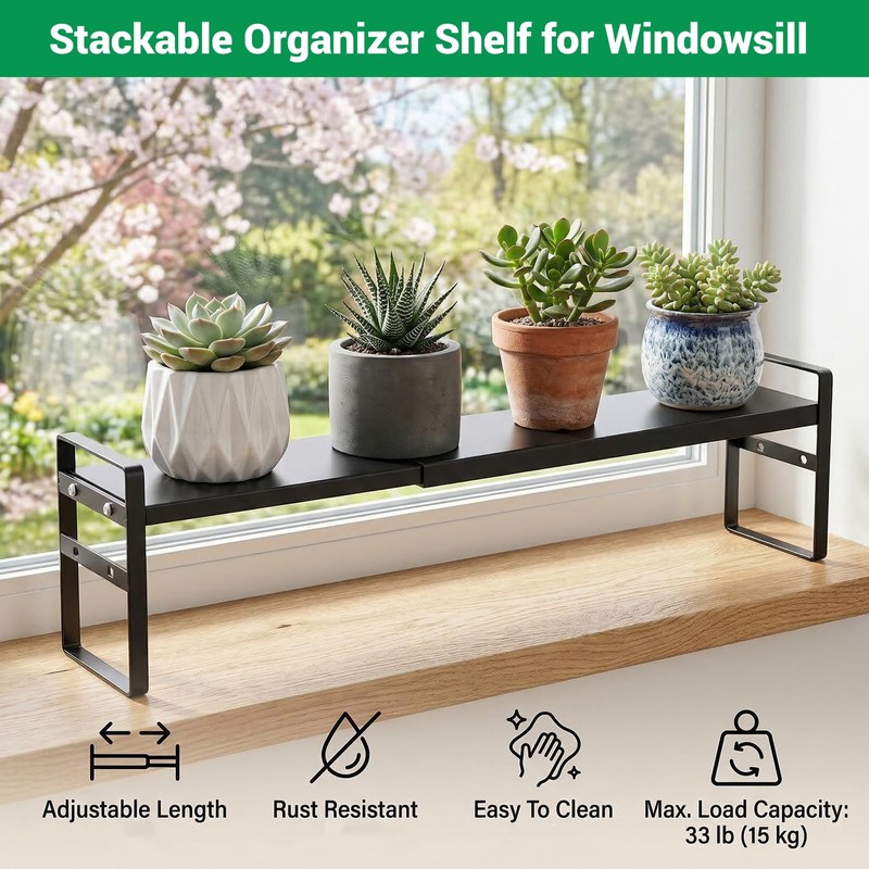 2 Pack Black Expandable Cabinet Shelf Organizer 13.7-23.6" L Stackable