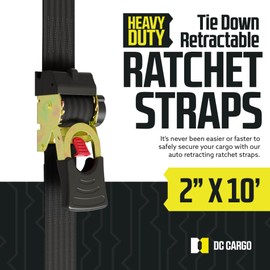 DC Cargo Mall Auto Retractable Ratchet Straps (2-Pack) 2” x 10ft, Super Heavy Duty, 3,033lb Break Strength – Tie Down Straps for Cargo, Truck, Trailer, Boats