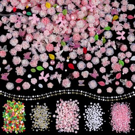 550pcs 3D Resin Nail Flower Kit, 150pcs Camellia Rose Flower and Butterfly Bow, 100 Each of Mixed Color Leaves, Round White Pearls, 2-6mm Half Pearls, Metal Nail Cavia (Bag-Pink)