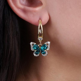 Atentuyi Cz Butterfly Drop Dangle Earrings Gold Huggie Earrings Green Crystal Earrings Rhinestones Butterfly Earrings Vintage Emerald Earrings Jewelry for Women and Girls