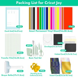 Zinueen Starter Kit for Cricut Joy - Extra Bundle for Beginners with 17 Colours 12 x 5.5 Inch Smart Vinyl Permanent, 3 Transfer Film, Insert Cards Set, Basic Tools Kit, Roller Making Bundle