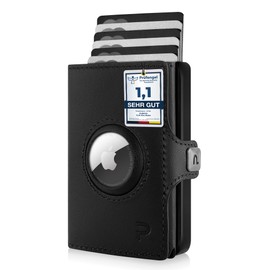 PURISTO KLIK Slim Wallet with Coin Compartment Men's - Leather Money Clip Mini Wallet Men's Small with Coin Compartment, RFID Blocker - Leather Card Case, black, AirTag mini coin compartment - 8 cards