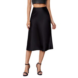 Verdusa Women's Elegant High Waist Satin A Line Flared Midi Skirt Black S