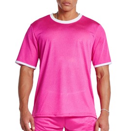 Ouber Athletic Mesh T-Shirt for Men – Loose Fit Colorblock Quick-Dry Workout Shirt Pink, XL