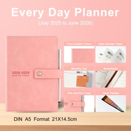 Academic Diary 2025-2026, Daily Planner,A5 Day Per Page,Daily Diary from Jul 2025-Jun 2026,Hard Cover Organisers Journals with Pen,Bookmark,Monthly Tabs,Stickers and Inner Pocket-14.5x21.5cm (Pink)