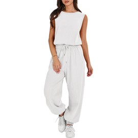 ANRABESS Jumpsuits for Women Casual Summer Sleeveless 2025 Romper One Piece Outfit Active Workout Lounge Jumpsuits Pockets White X-Large