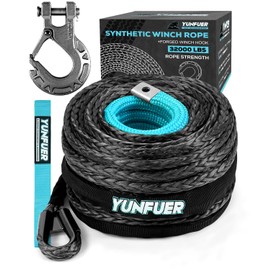YUNFUER 1/2" x 85ft Synthetic Winch Rope Cable Kit, 32000LBS Winch Rope with Protective Sleeve + Forged Winch Hook + Safety Pull Strap for SUV, Truck (Gray)