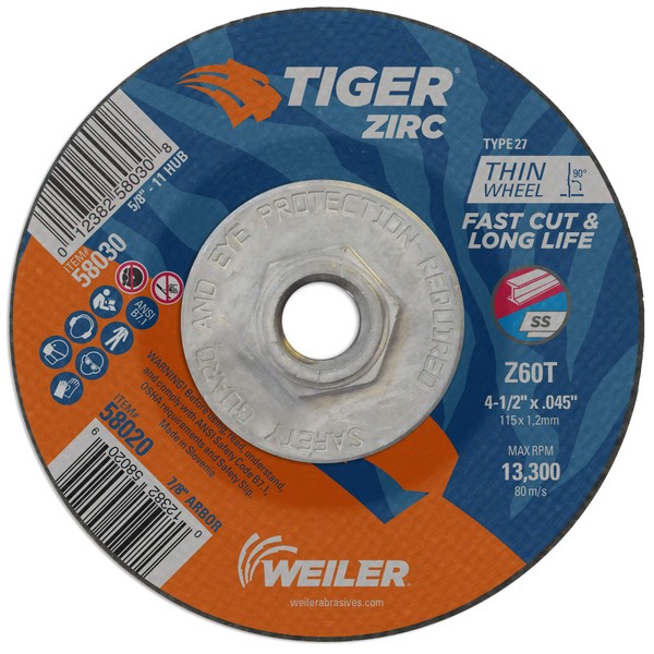 Weiler 58030 4-1/2 x .045 Tiger ZIRC Type 27 Cutting Wheel Z60T 5/8-11 UNC Nut, 4 1/2" Dia (Pack of 10)