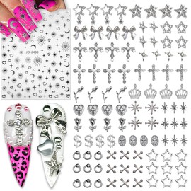 100PCS Star Nail Charms for Acrylic Nails Silver Cross Heart Flower Bow Nail Art Charms Metal Alloy Rhinestones for Women Nail Jewels Nail Art Supplies Craft DIY Accessories