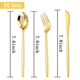 PULOTE 150PCS Gold Plastic Silverware Disposable - Heavy Duty Gold Plastic Cutlery - Gold Plastic Utensils Set Include 50 Knives,50 Forks,50 Spoons for Party&Wedding
