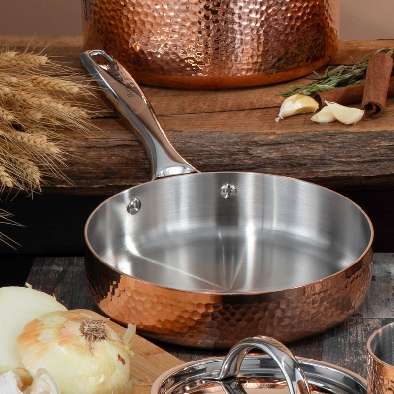 Berghoff Vintage Tri-Ply Copper 8in Deep Skillet, Hammered, Long Ergonomic