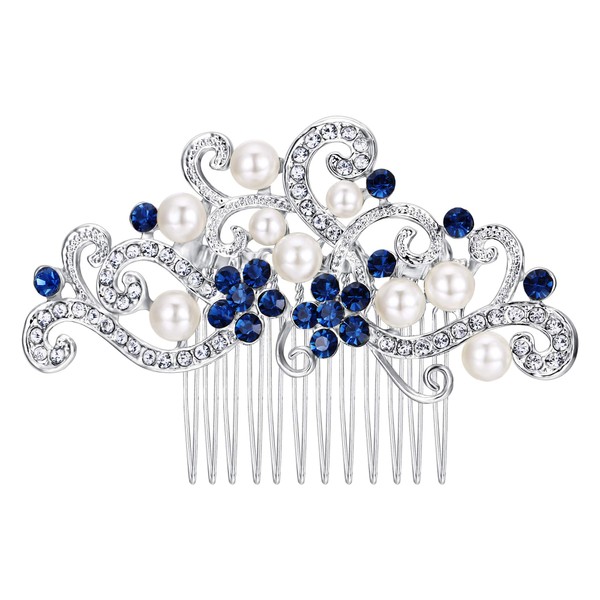 EVER FAITH Crema de cristal austriaco en tono plateado Perla simulada Floral Vine Peine lateral para el cabello de novia Azul
