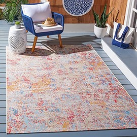 SAFAVIEH Summer Collection 6'7" Square Ivory / Light Blue SMR451A Boho Indoor/ Outdoor Non-Shedding Easy-Cleaning Patio Backyard Porch Deck Mudroom Area-Rug
