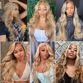 Dokksiiia P27613 Highlight Honey Blonde Body Wave Bundles Human Hair Ombre Bundles #27 Warm Honey & #613 Cool Light Blonde Mix Double Weft Brazilian Human Hair Extensions 26 28 30 Inch
