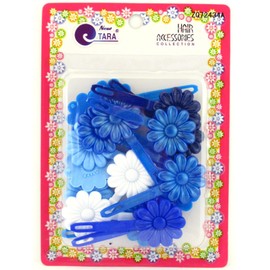 Tara Girls Self Hinge Flower Barrettes - Blue & White - 18 Pcs.