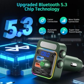 SONRU Bluetooth 5.3 FM Transmitter for Car, Bluetooth Car Adapter 54W Max Dual PD & Dual USB Fast Car Charger Hands-Free Calling, Music Player Support 64G U Disk with Light Switch & Bass Boost