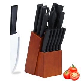 Knife Set, 15Pcs Kitchen Knife Set with Block and Sharpener, High Carbon Stainless Steel Ultra Sharp Knives for Kitchen, 6 Steak Knives, Anti-slip Handle, Black, Elegant Gift