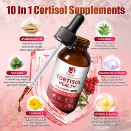 Cortisol Supplement Liquid Drops, 10 in 1 Hormone Balance for Women Men with Magnesium, Ashwagandha, L-theanine, Kava Kava - Lower Cortisol, Mood, Focus, Sleep Support - 2 FL.OZ, Cranberry Flavor