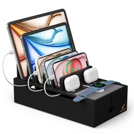 Pezin & Hulin Charging Station Box for Smartphones and Tablets, Bamboo Cable Cord Organizer Box, Multiple Devices Charger Dock Cables Management for Desk (No Power Hub Supply) -Black