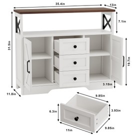 YGEOMER Buffet Cabinet Sideboard Farmhouse Coffee Bar with 3 Drawers and 2 Doors, Wood Kitchen Table Wine Bar Storage Cabinet for Dining Room