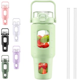 BLUEGO 40 oz Glass Water Bottles with Straw Time Marker, Glass Tumbler with Handle Top Lids, Easy to Clean, Fits in Car Cup Holder, Leakproof Jug for Gym, Sports, Workout & Daily, Green