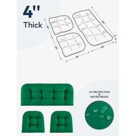 ZEOLABS Wicker Chair Cushions of 3 Pieces Waterproof Tufted Outdoor Seat Cushions for Patio Furniture Sofa Settee Couch,1 Loveseat and 2 U-Shaped Cushions,Green