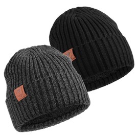 OZERO Winter Beanie Knitted Hat Black: Set of 2 Winter Hat Wool Hat for Men and Women, black