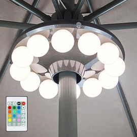 Luz para sombrilla de patio, 3 luces de poste de sombrilla con control remoto de 80 pies a través de la pared, 12 bombillas 60 LED, 4 modos, 12 luces que cambian de color al aire libre con anillo colgante para paraguas